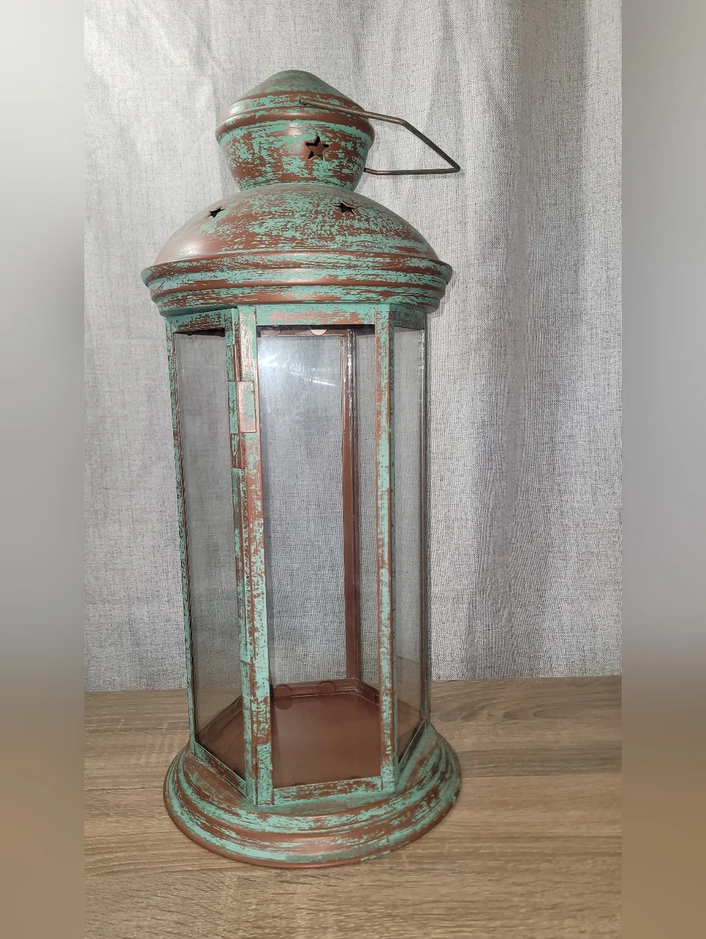 Distressed Turquoise Metal Lantern Large 20